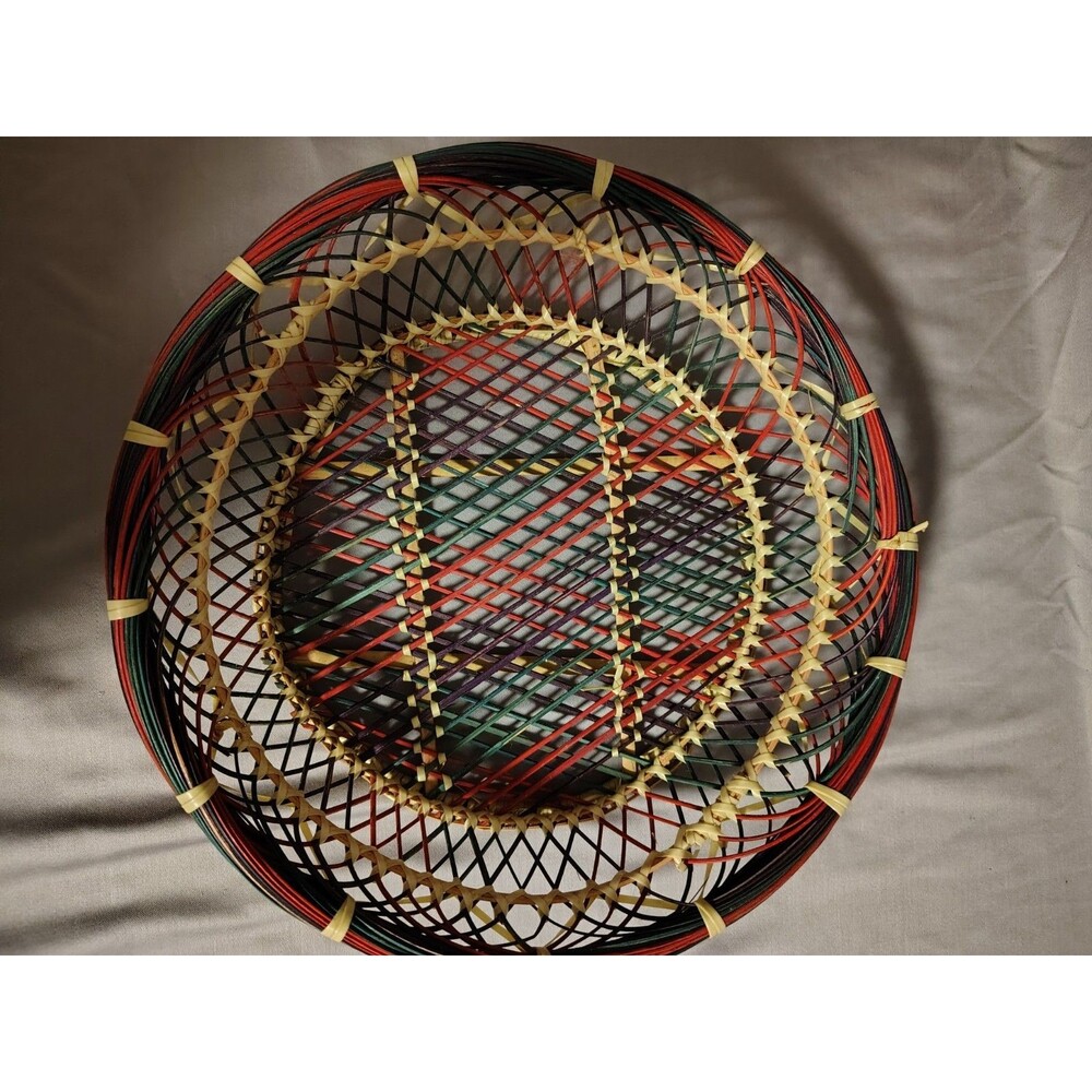Vintage Multicolor Wicker Rattan Woven Basket Bowl Boho Decor Boho Chic MCM